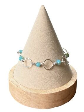 Hand Crafted Silver Plated Copper Wire Wrapped Bracelet Teal Faceted Glass Beads